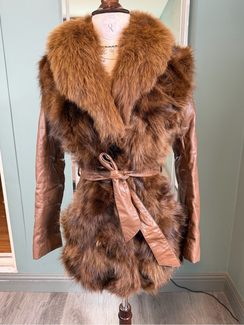 Vintage Real Fox Fur Trim Genuine Leather Belted Brown Winter Coat S